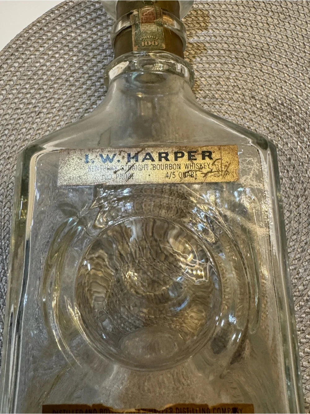 Vintage I.W. Harper Clear Glass Decanter with Gold Accent Label